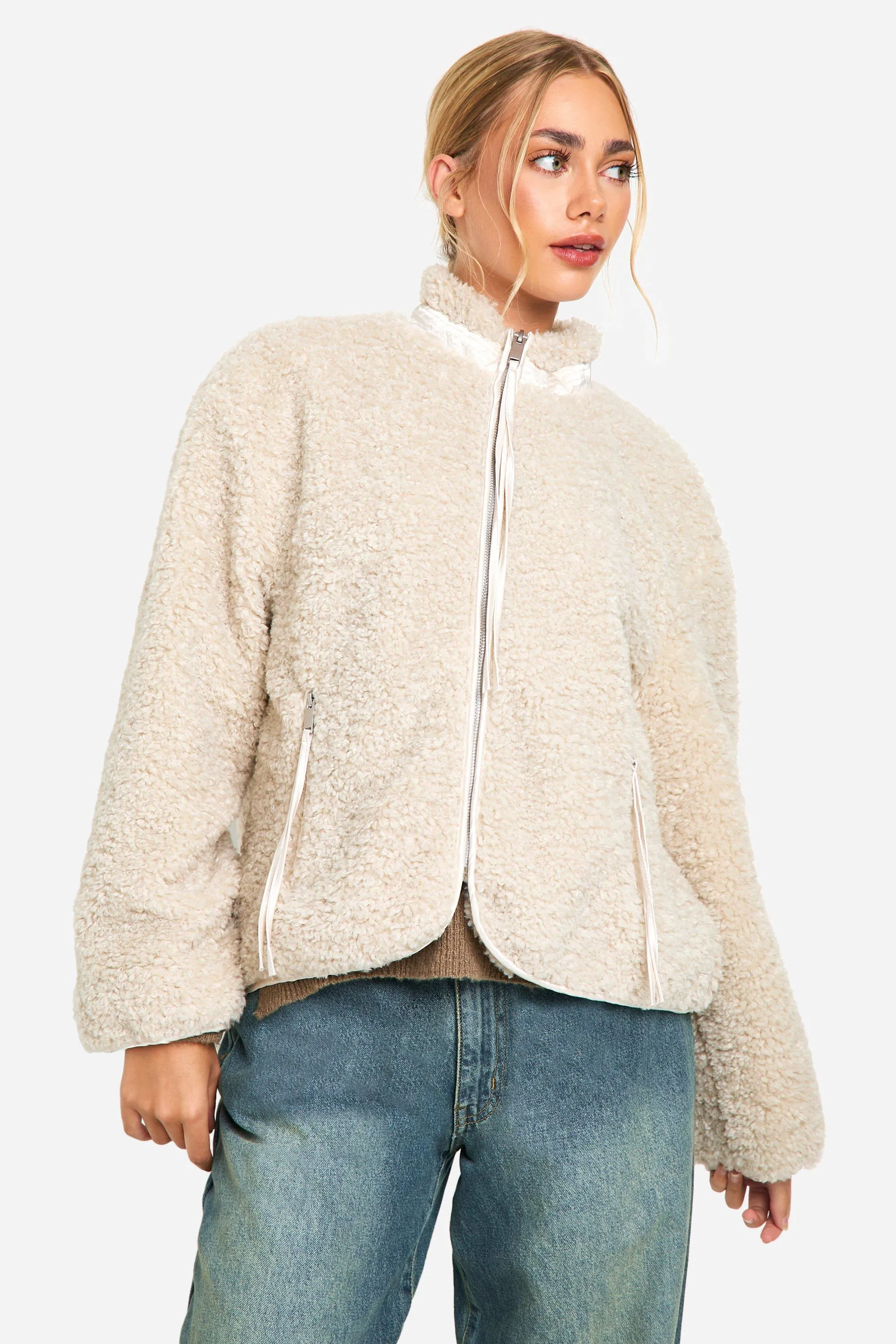 Textured Teddy Funnel Neck Jacket