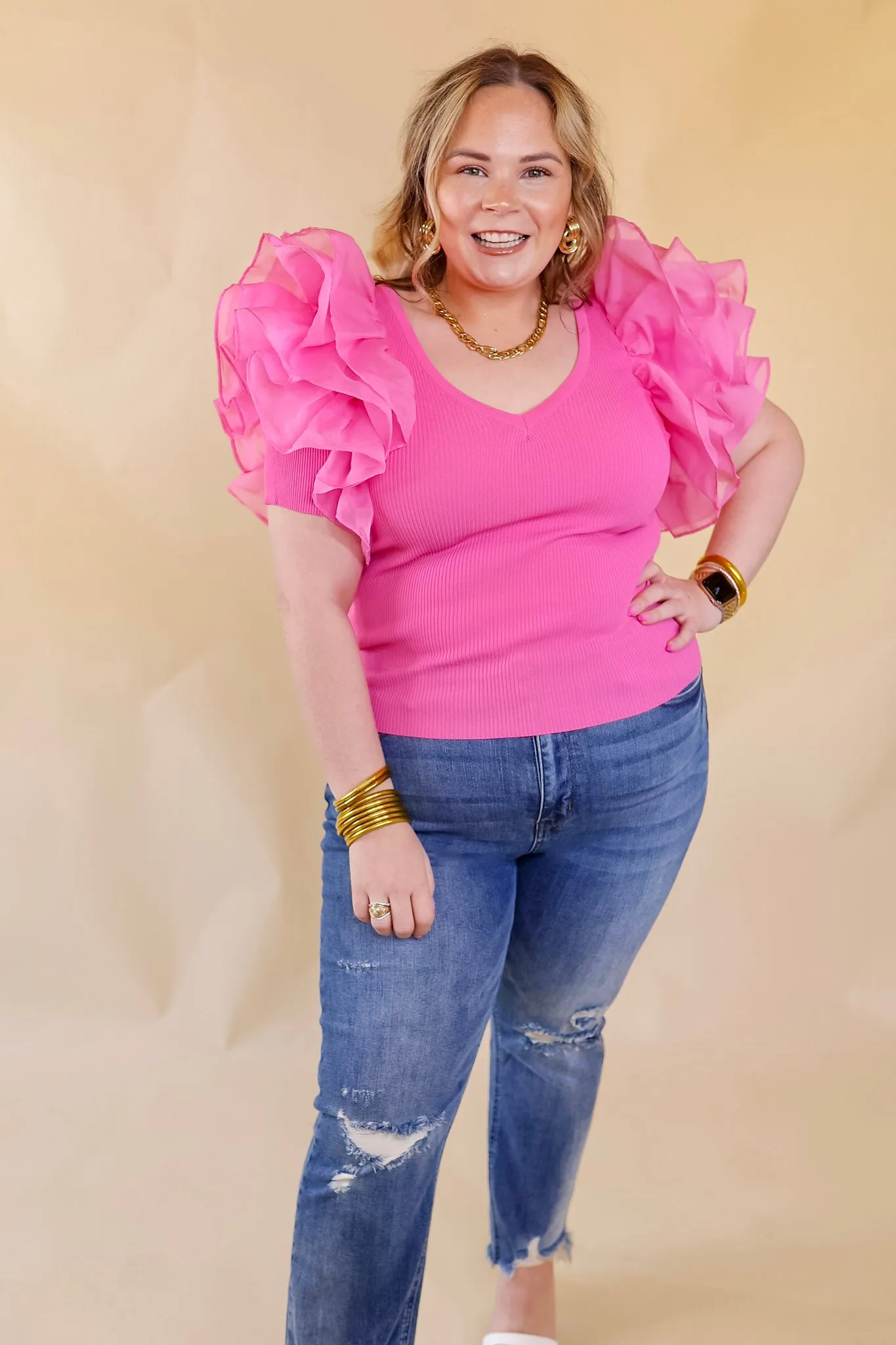 The Party Goes On Ribbed Fitted Top with Ruffle Sleeves in Pink