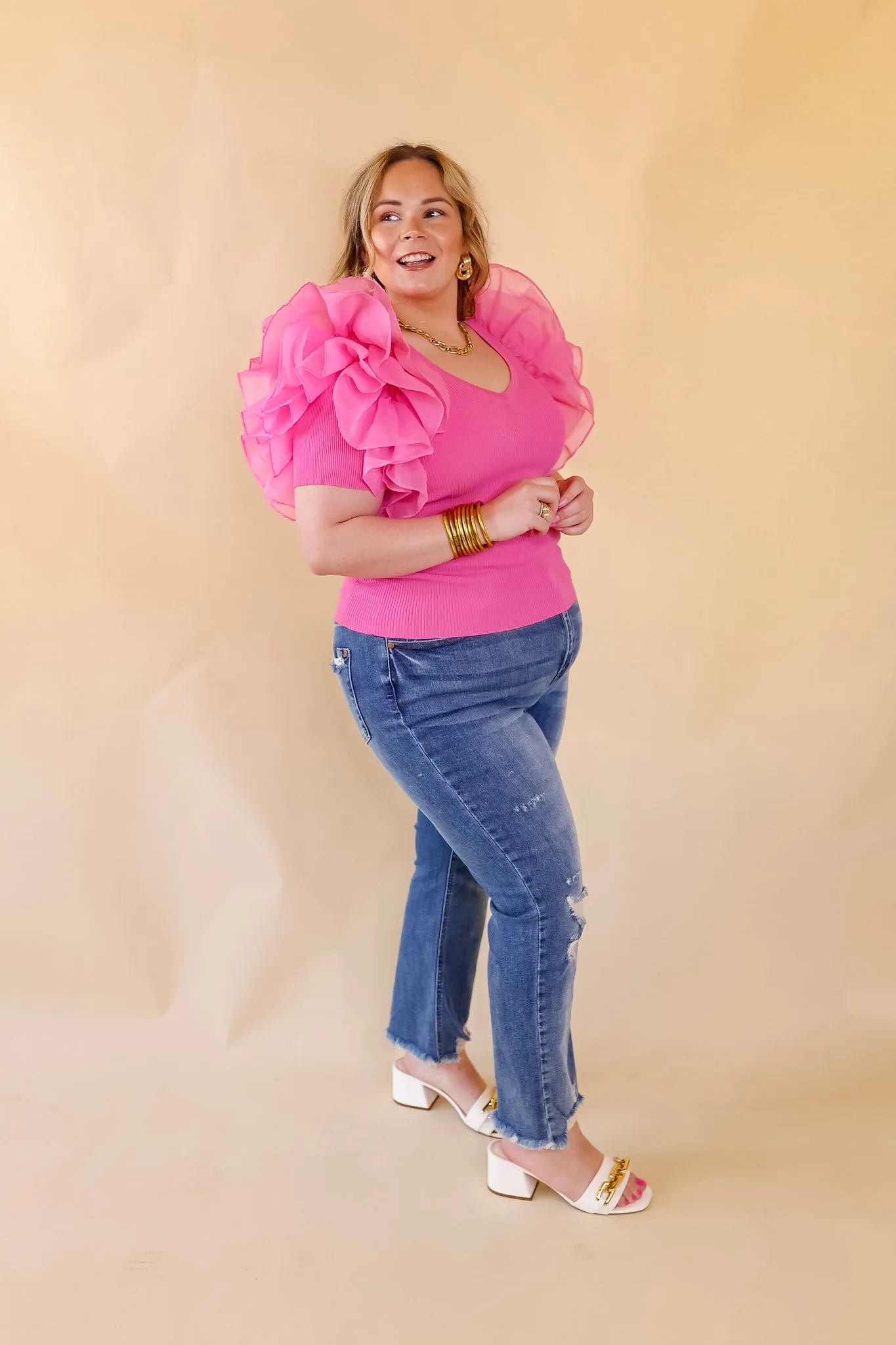 The Party Goes On Ribbed Fitted Top with Ruffle Sleeves in Pink