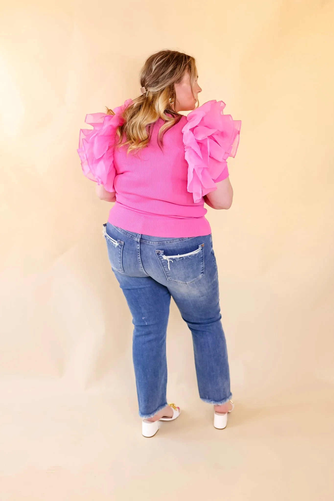 The Party Goes On Ribbed Fitted Top with Ruffle Sleeves in Pink