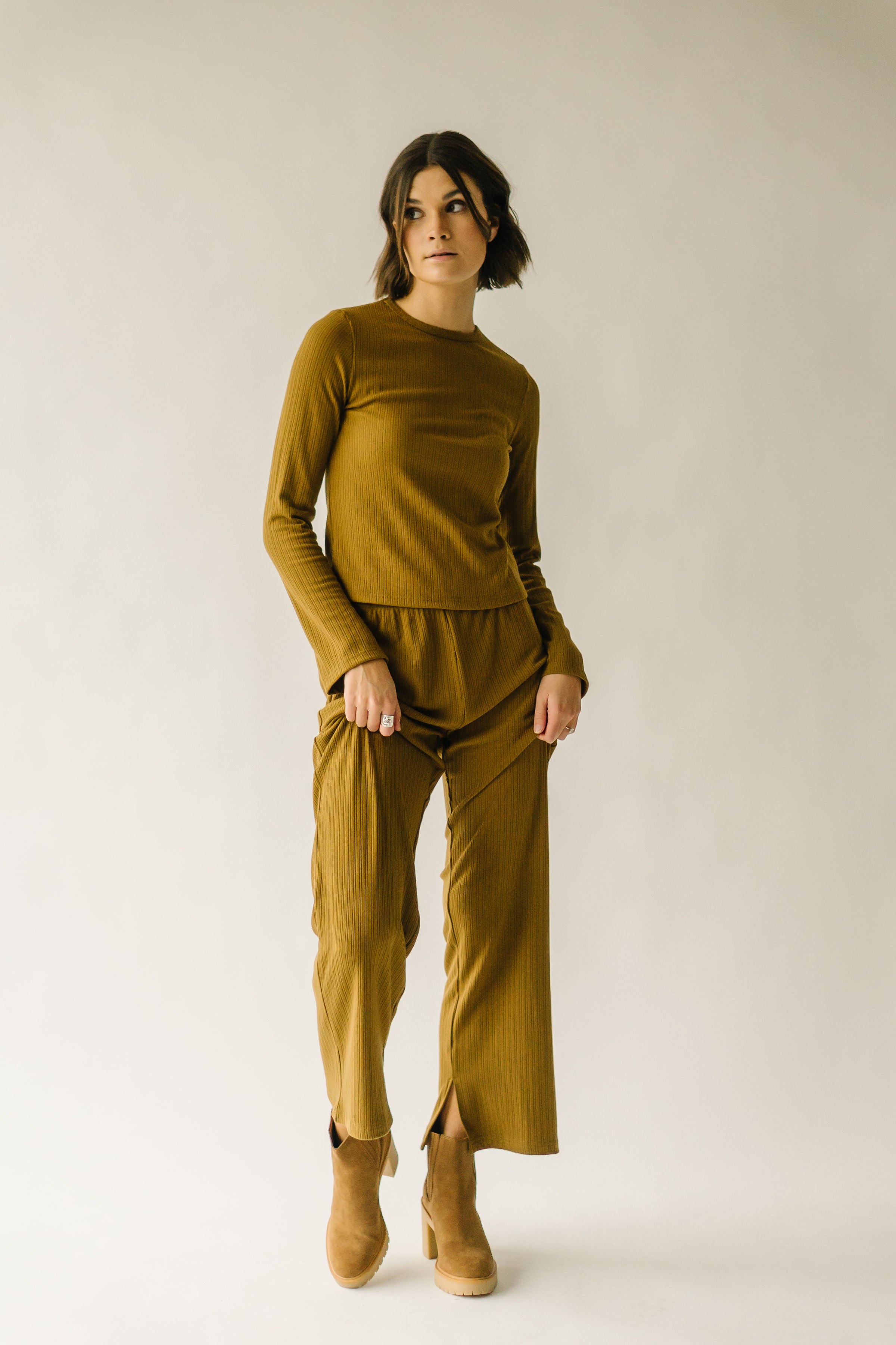 The Shia Long Sleeve Ribbed Tee in Golden Olive