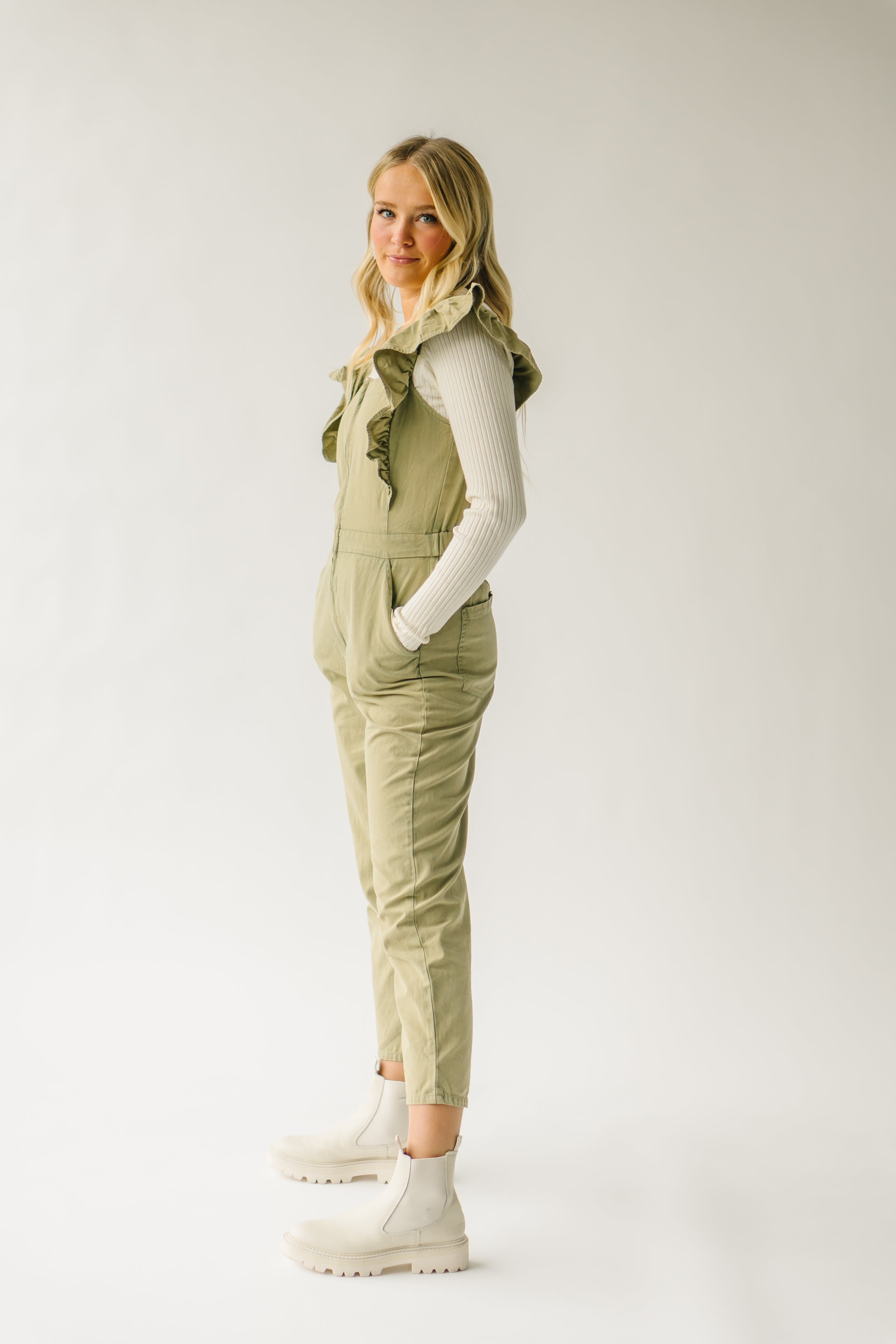 The Zenger Ruffle Sleeve Jumpsuit in Olive