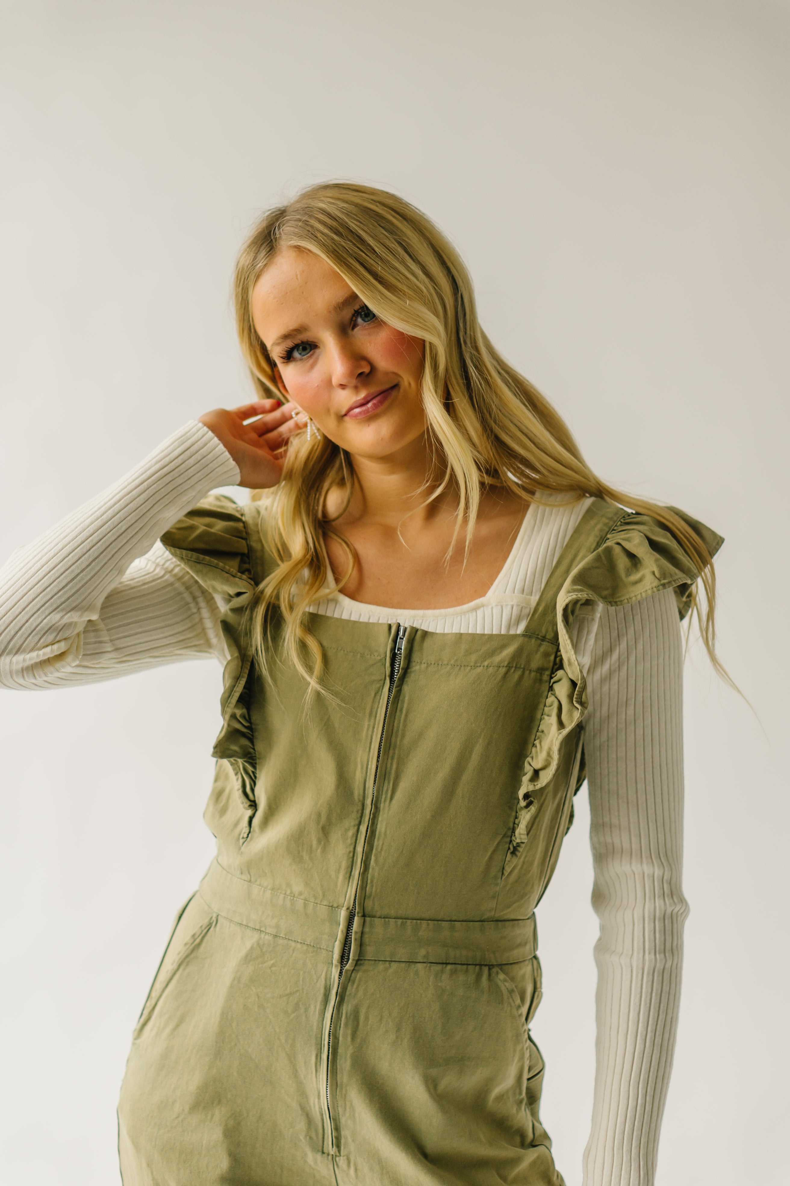 The Zenger Ruffle Sleeve Jumpsuit in Olive