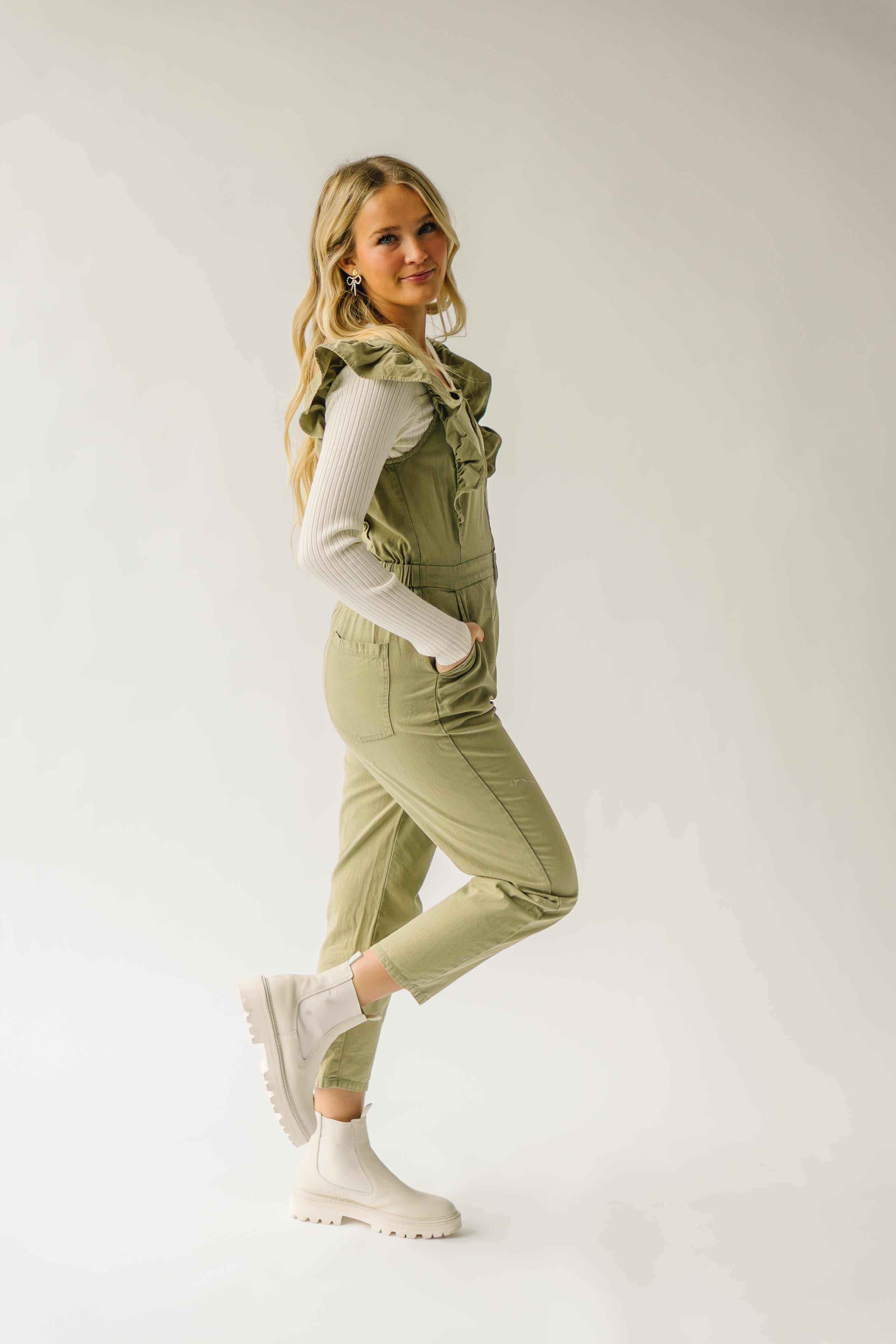 The Zenger Ruffle Sleeve Jumpsuit in Olive