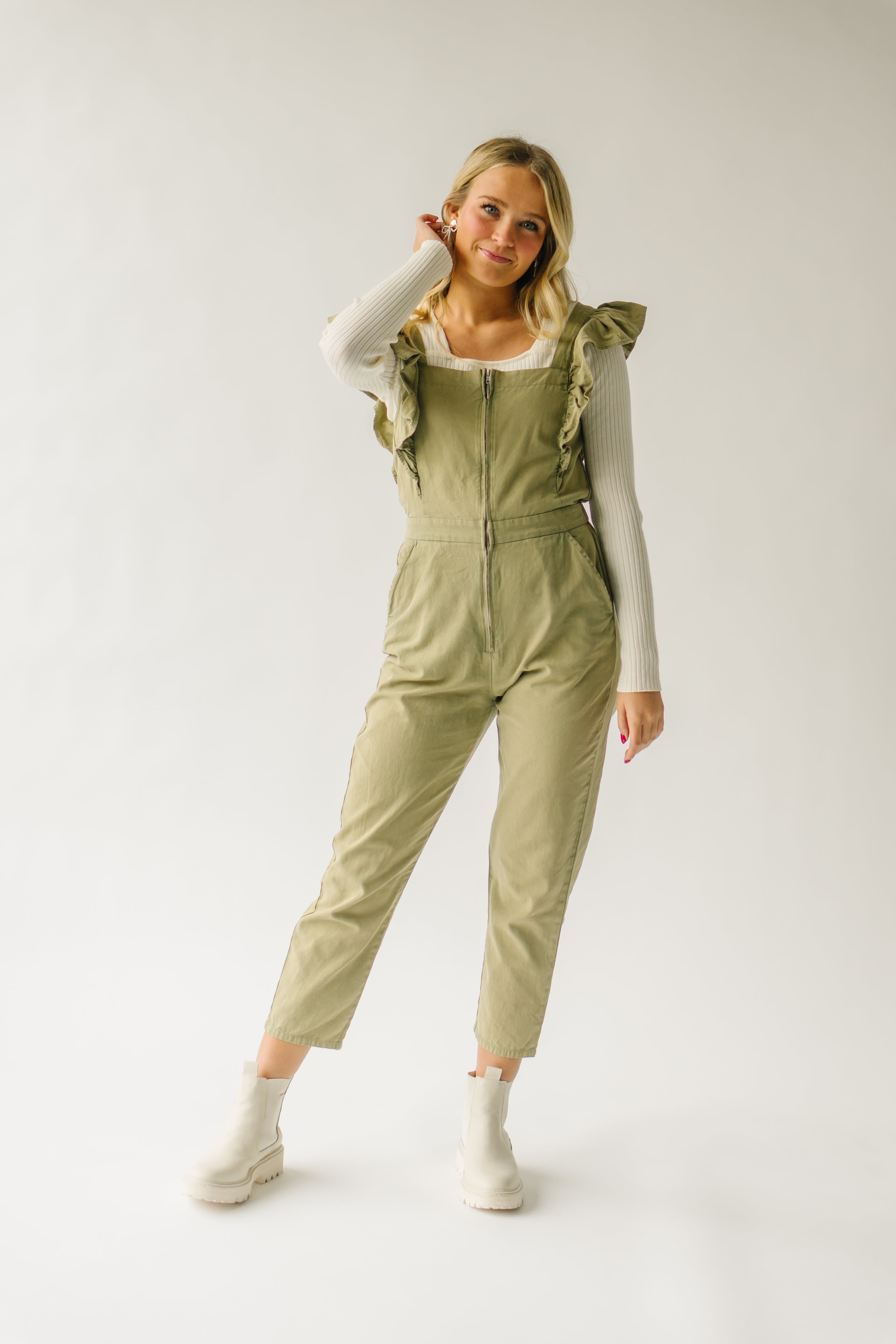 The Zenger Ruffle Sleeve Jumpsuit in Olive