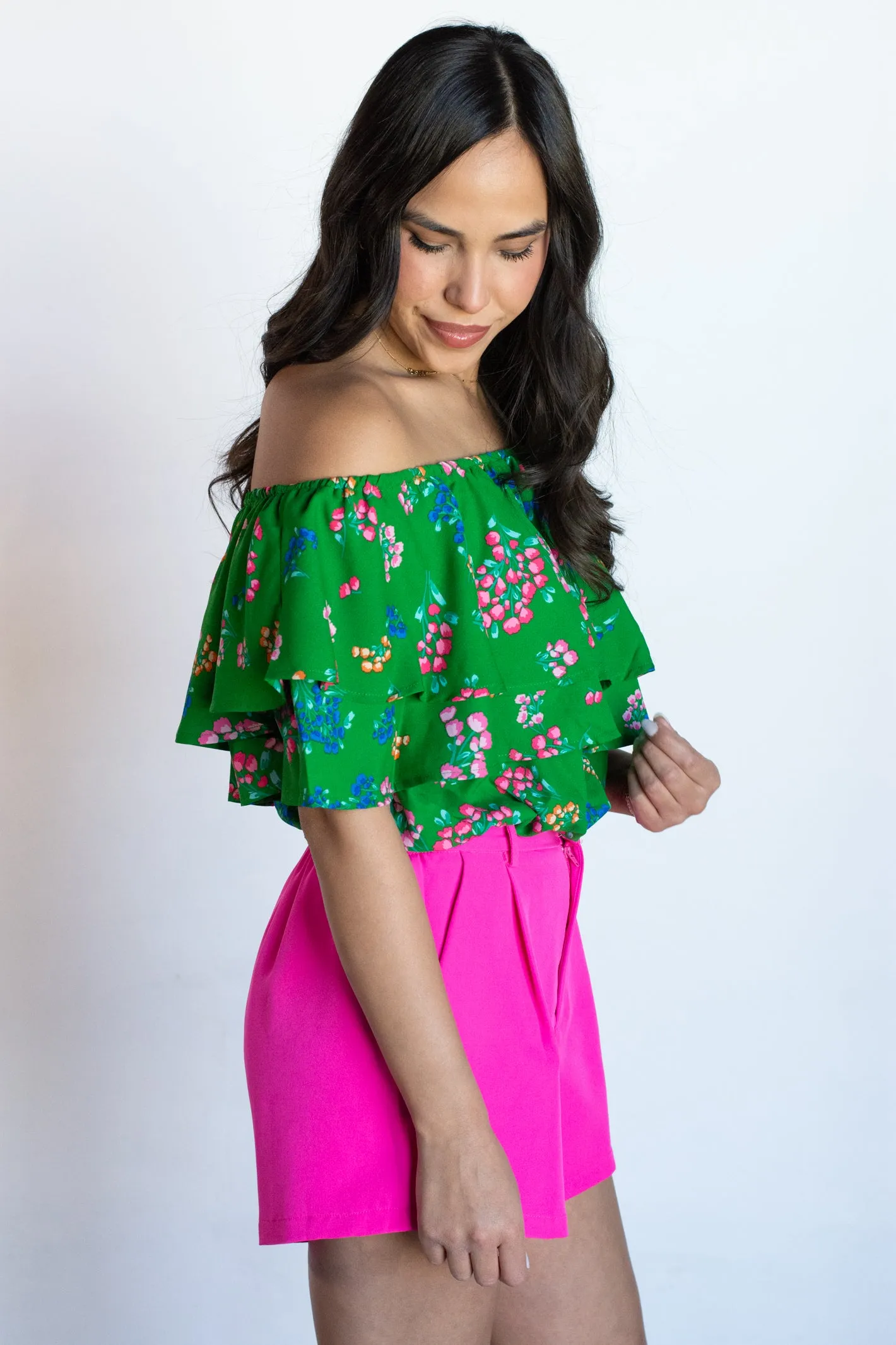 Tropical Blooms Off Shoulder Ruffle Floral Top