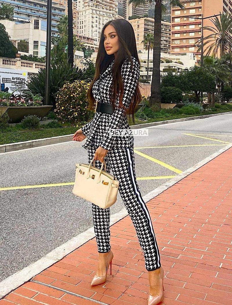 Tweed Pattern Long Sleeve Jacket and Pants Two Piece Set