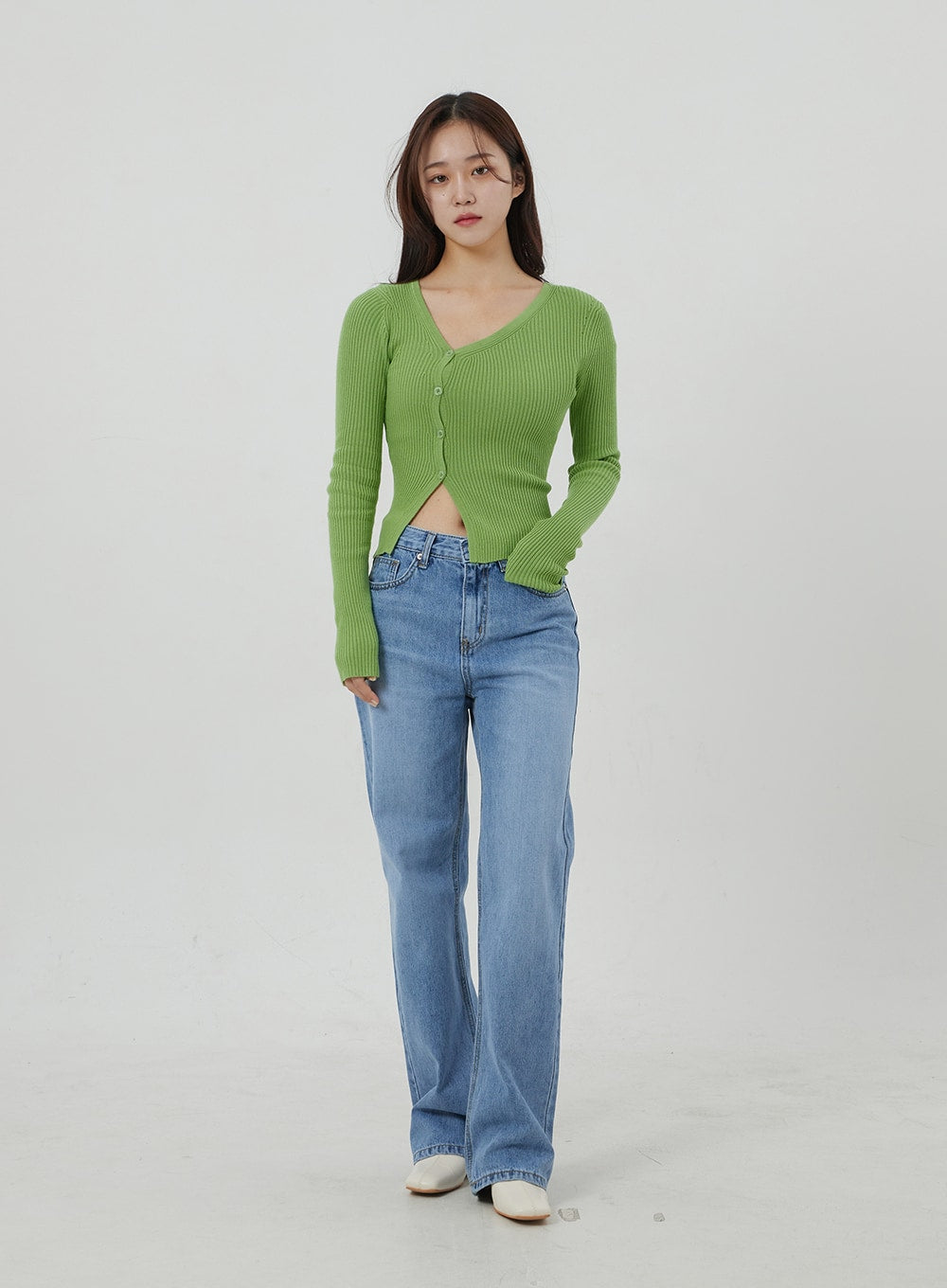 Unbalanced Ribbed Knit Button Cropped Top OJ319