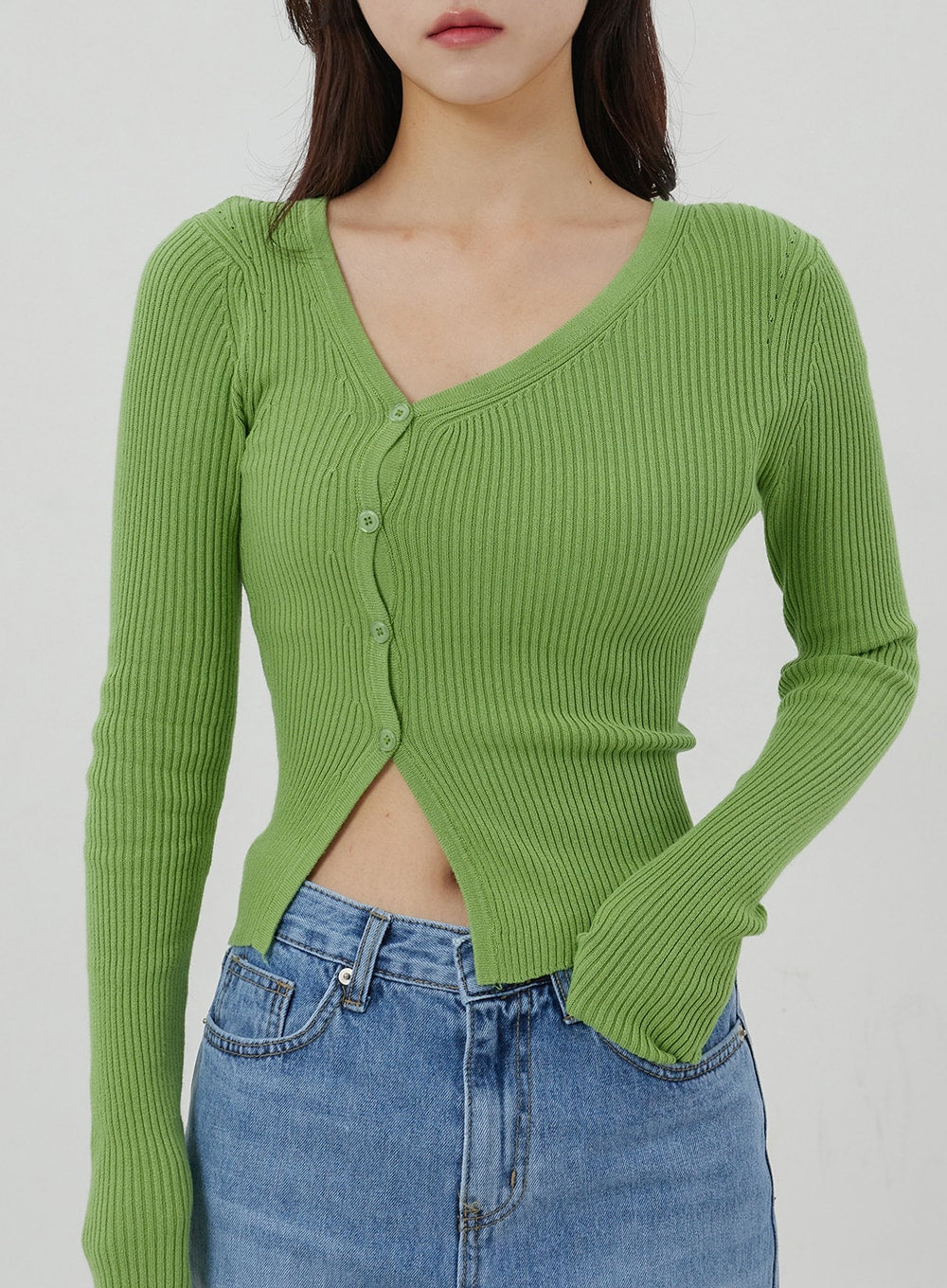 Unbalanced Ribbed Knit Button Cropped Top OJ319