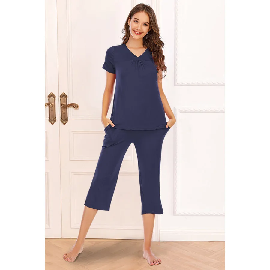 V-Neck Short Sleeve Top and Pants Lounge Set