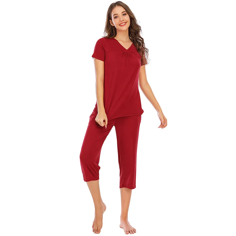 V-Neck Short Sleeve Top and Pants Lounge Set