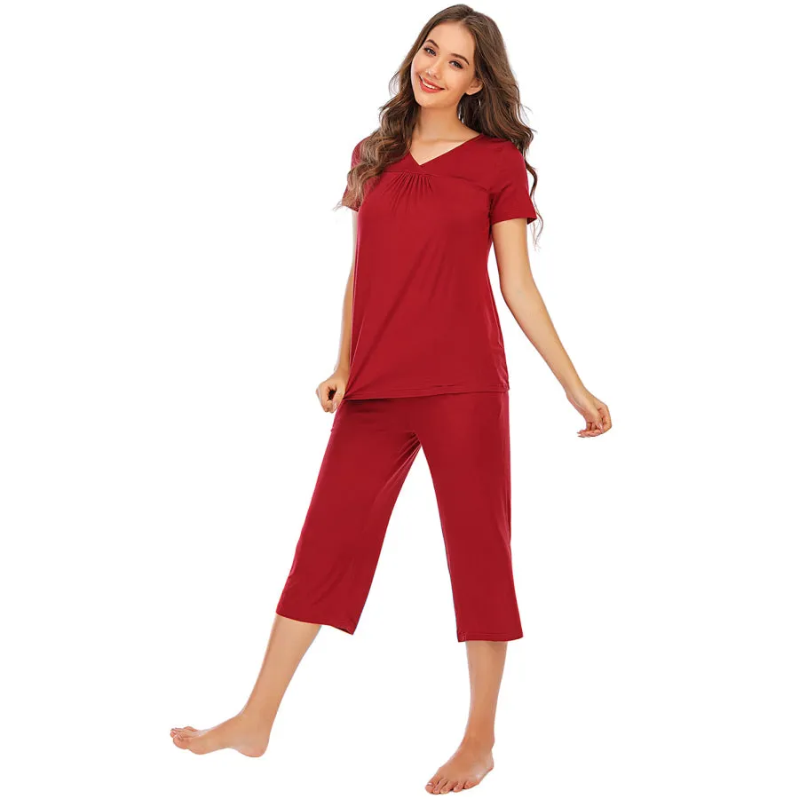 V-Neck Short Sleeve Top and Pants Lounge Set