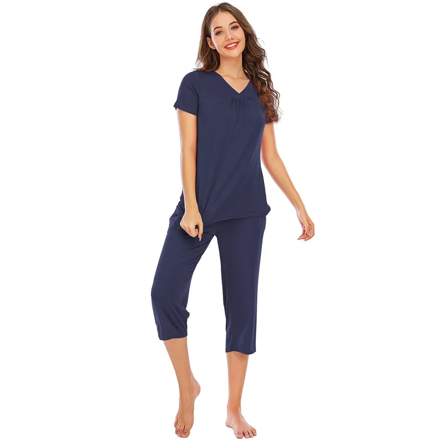 V-Neck Short Sleeve Top and Pants Lounge Set