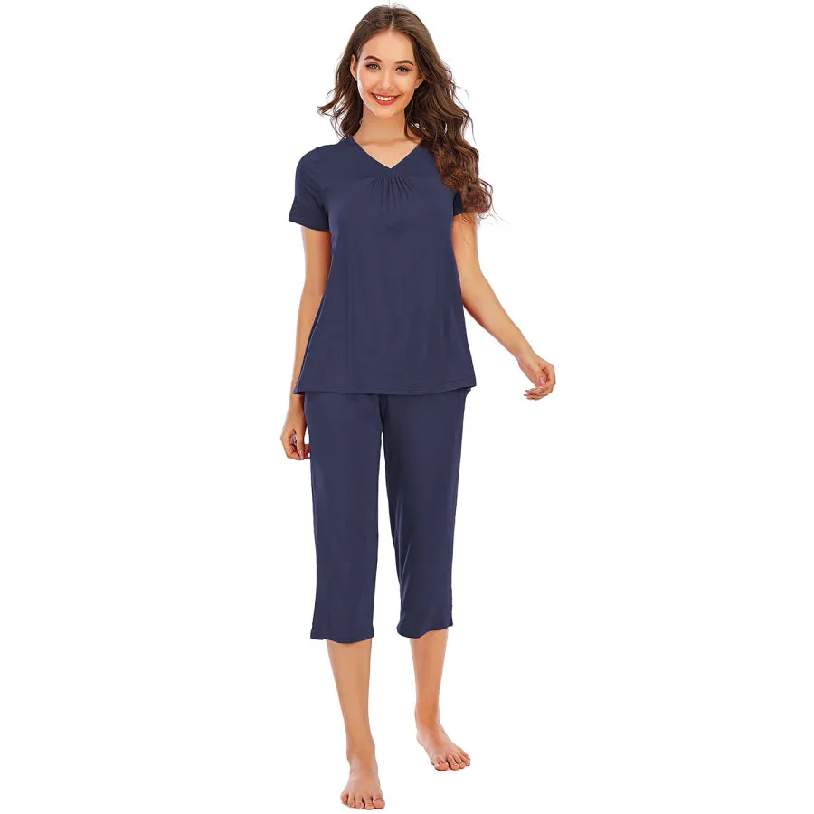 V-Neck Short Sleeve Top and Pants Lounge Set