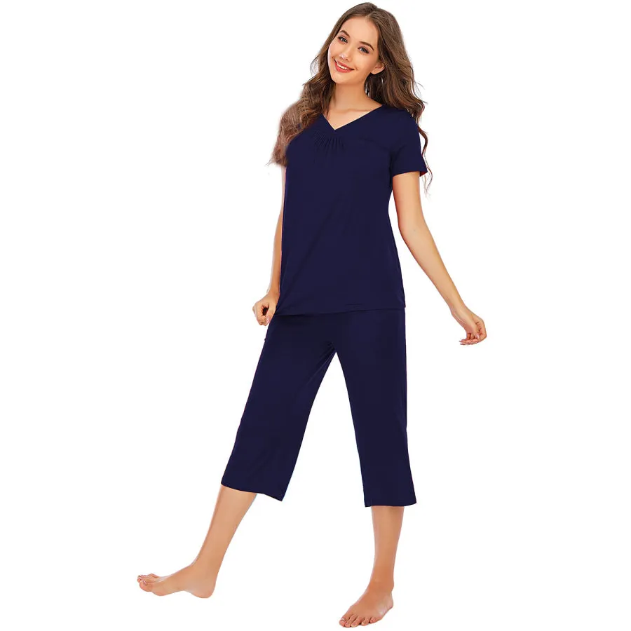 V-Neck Short Sleeve Top and Pants Lounge Set