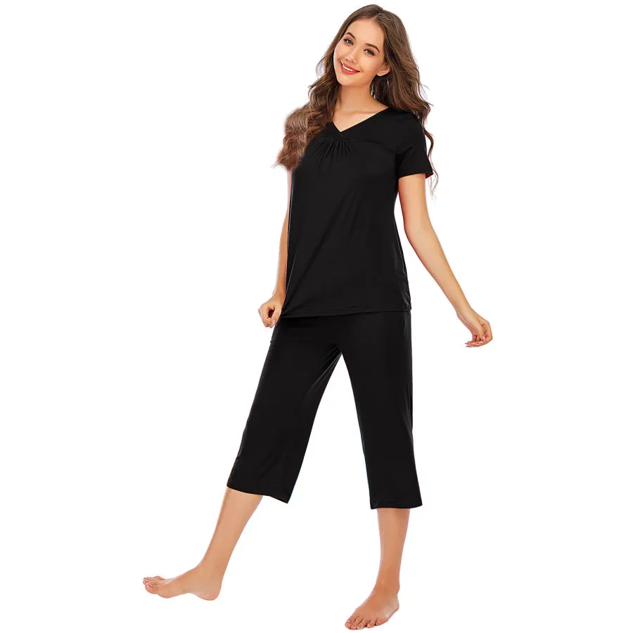 V-Neck Short Sleeve Top and Pants Lounge Set