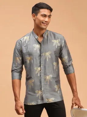 VASTRAMAY Men's Grey Foil Print Shirt