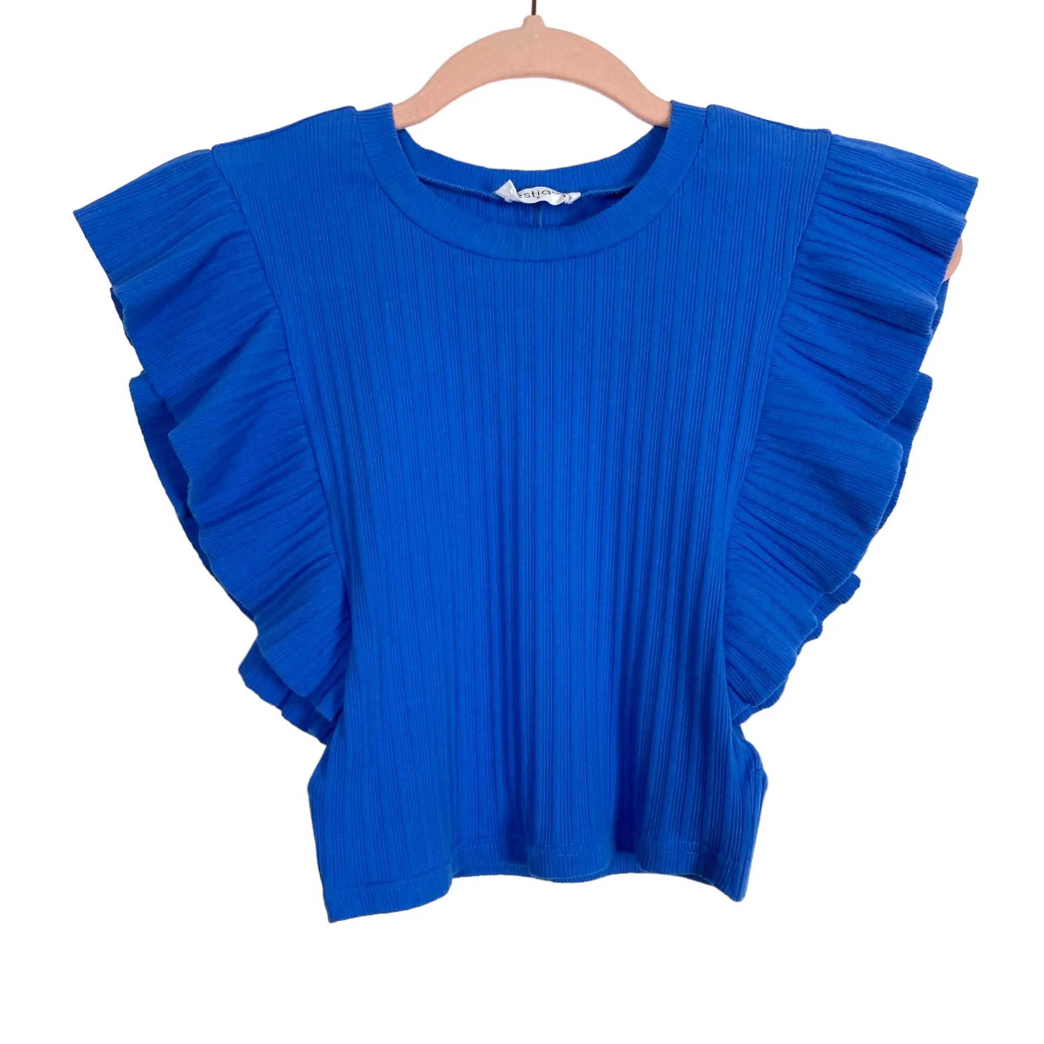 Vestique Blue Ribbed Ruffle with Back Cut Out and Elastic Waistband Top- Size S (sold out online)