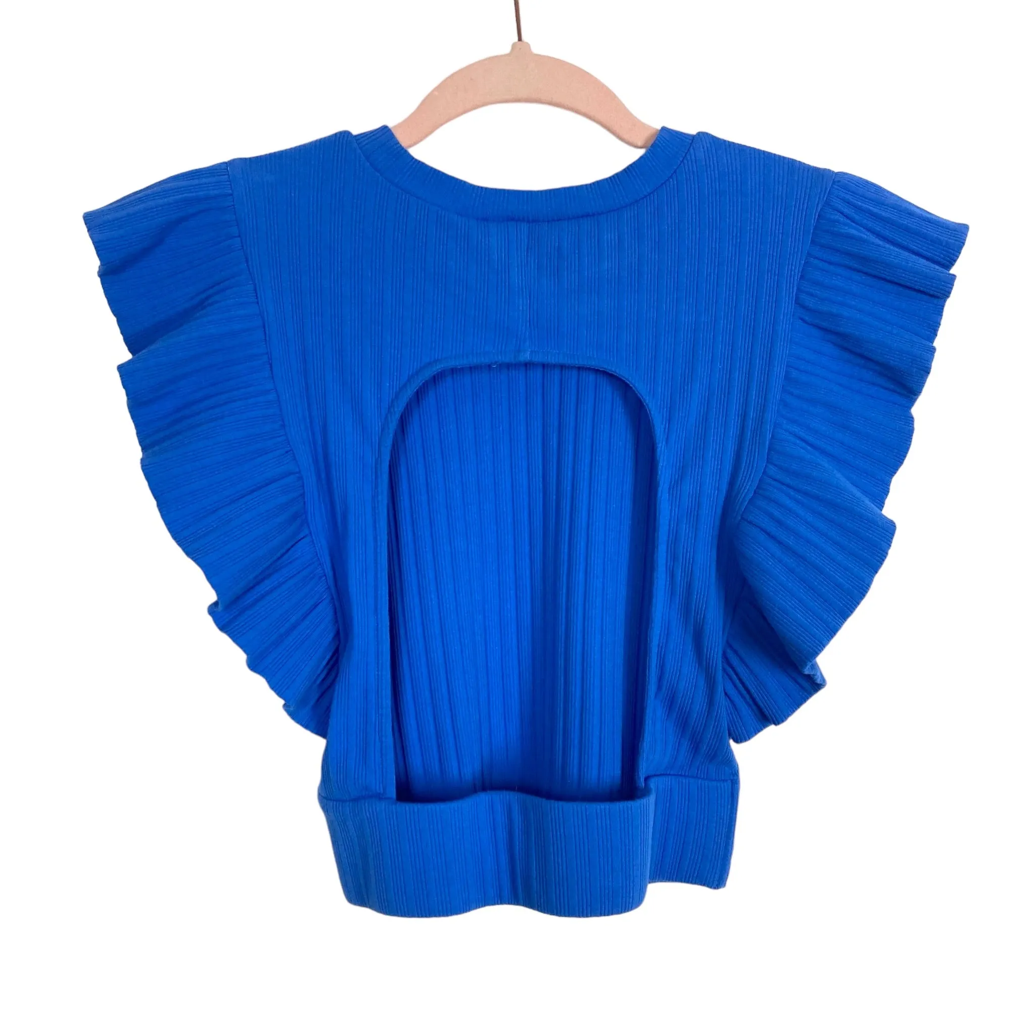 Vestique Blue Ribbed Ruffle with Back Cut Out and Elastic Waistband Top- Size S (sold out online)