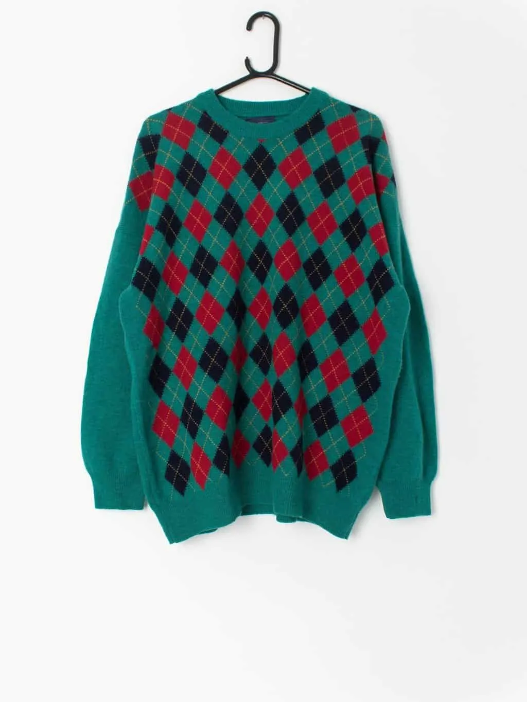 Vintage The Sweater Shop jumper with harlequin pattern in green and red – Large