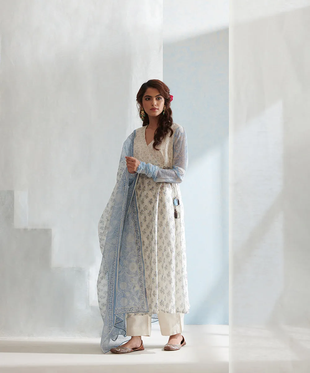 White Handloom Angrakha Chanderi Kurta Set with Pants And Block Printed Dupatta