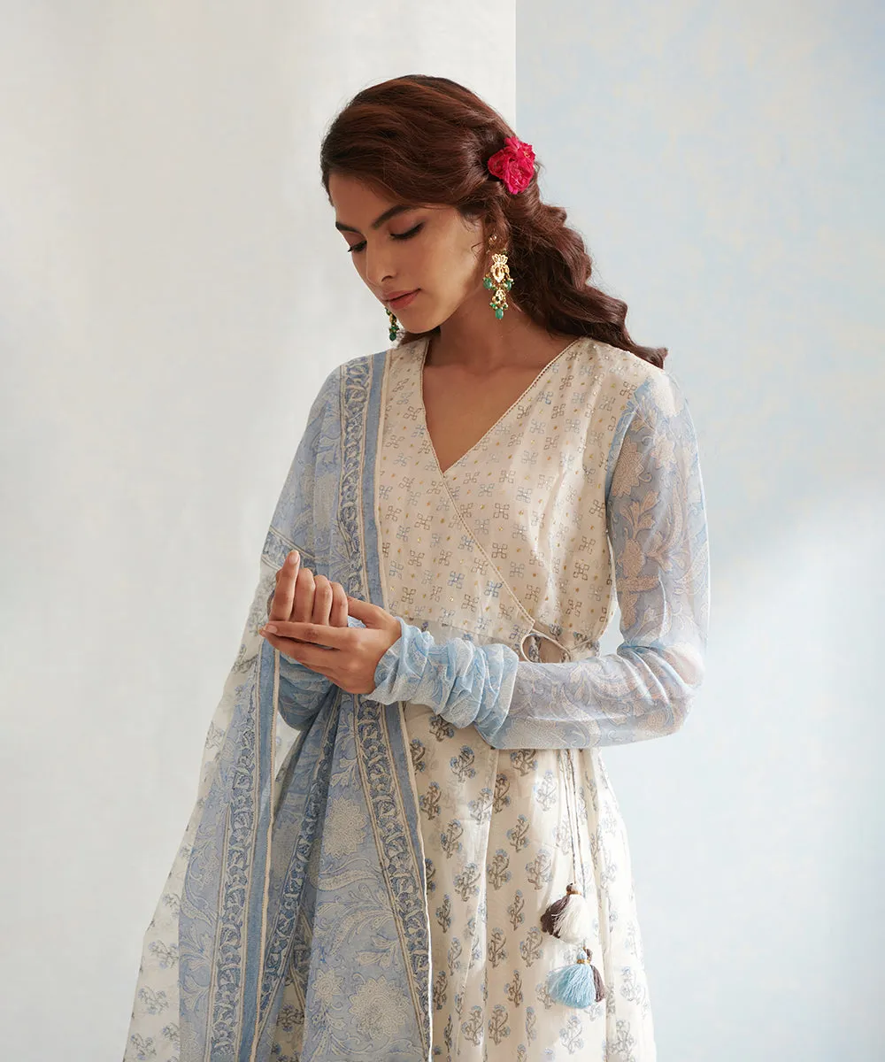 White Handloom Angrakha Chanderi Kurta Set with Pants And Block Printed Dupatta