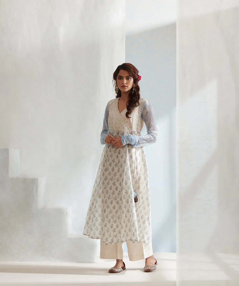 White Handloom Angrakha Chanderi Kurta Set with Pants And Block Printed Dupatta