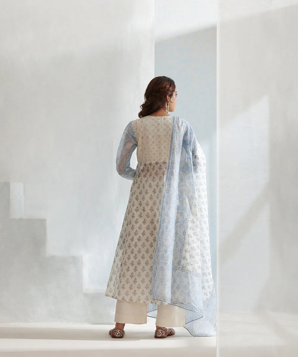 White Handloom Angrakha Chanderi Kurta Set with Pants And Block Printed Dupatta