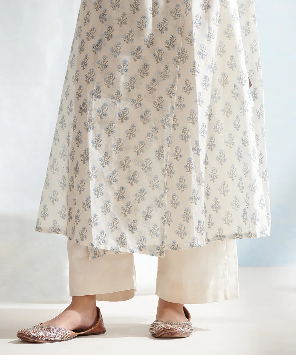 White Handloom Angrakha Chanderi Kurta Set with Pants And Block Printed Dupatta