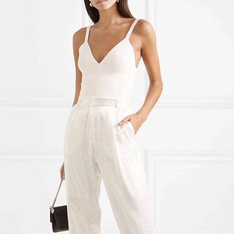 White Slim Strapped Ribbed Knit Cami Top