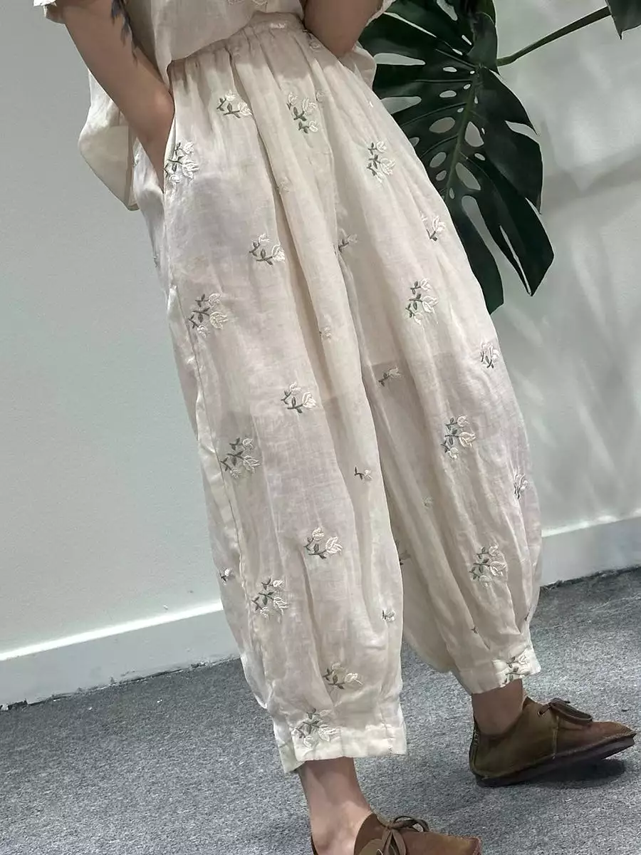 Women Artsy Summer Flower Embroidery Ramie Harem Pants KL1018