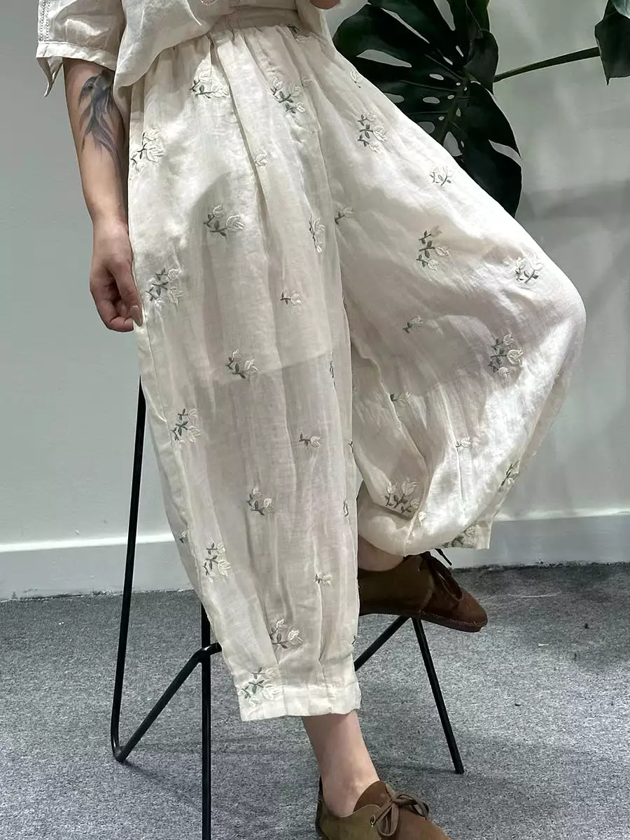 Women Artsy Summer Flower Embroidery Ramie Harem Pants KL1018