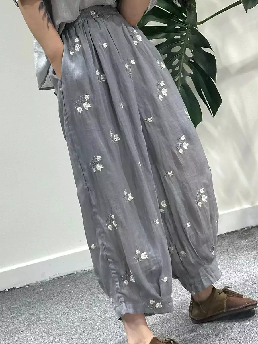 Women Artsy Summer Flower Embroidery Ramie Harem Pants KL1018