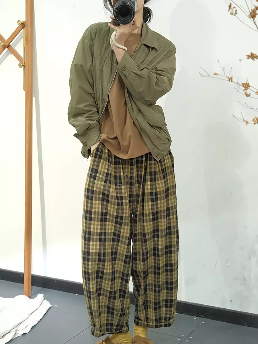 Women Casual Plaid Summer Cotton Loose Harem Pants KL1049