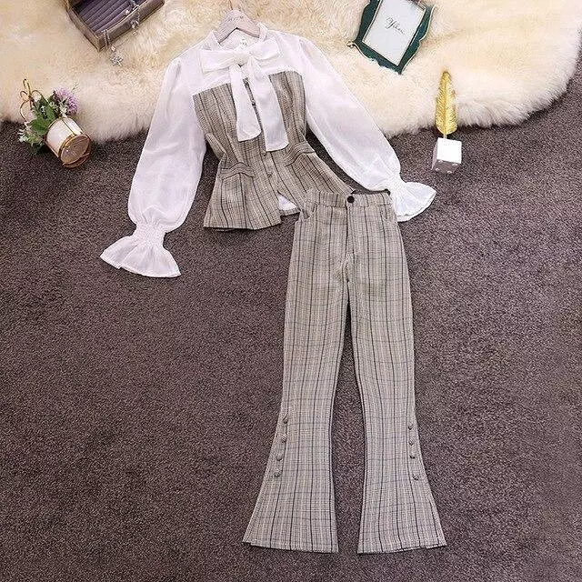 Women Flared Plaid Pantsuit