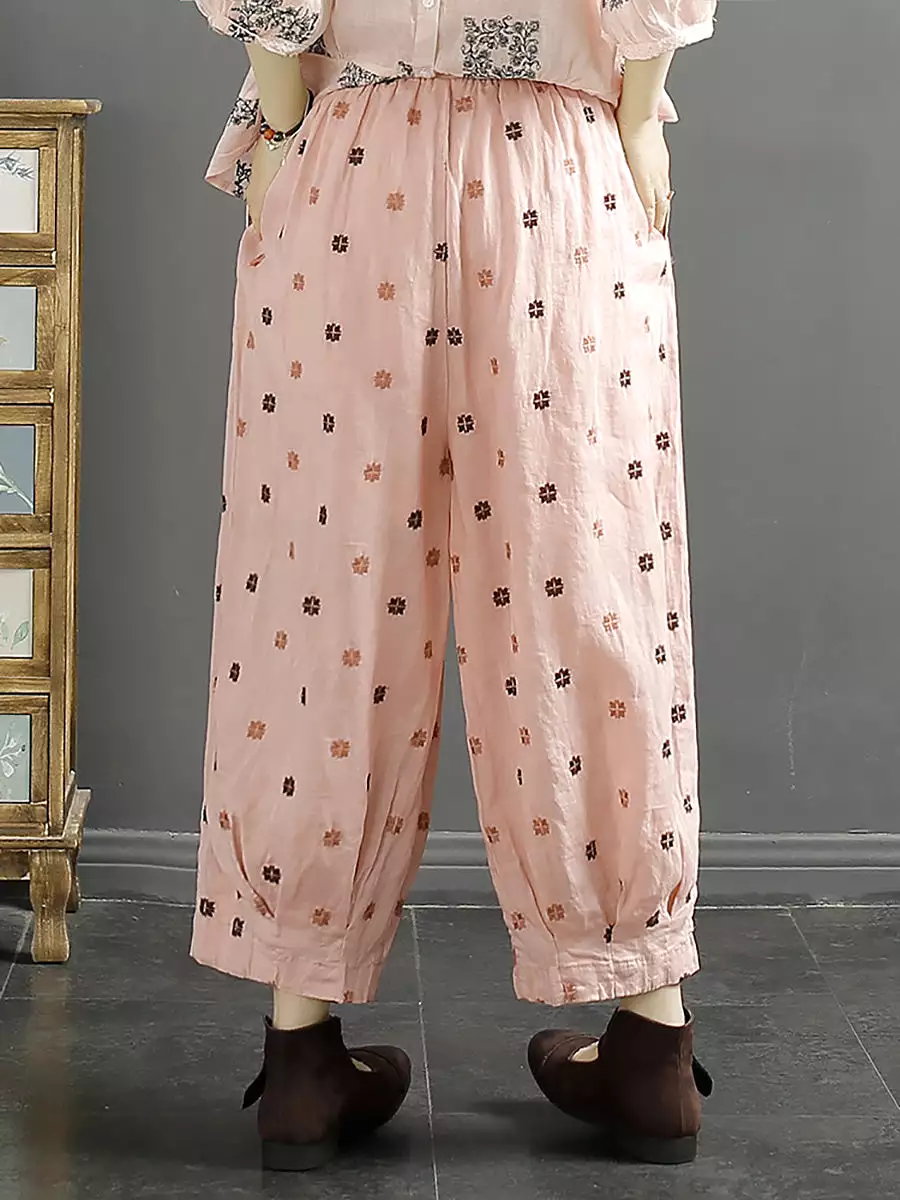 Women Spring Artsy Flower Embroidery Ramie Harem Pants KL1009