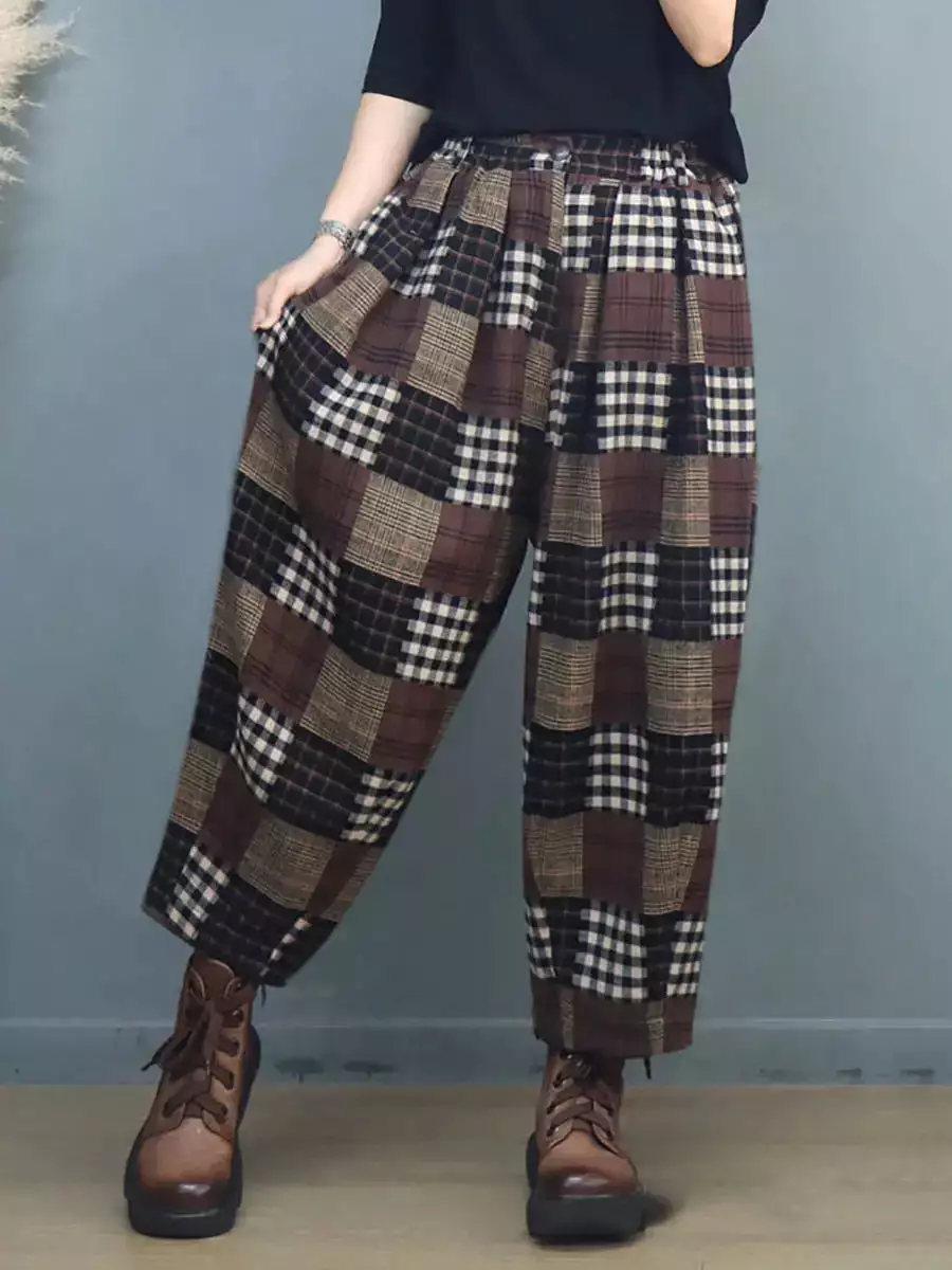 Women Vintage Plaid Harem Pants