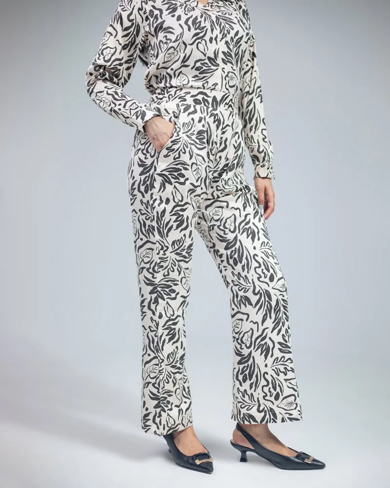 Women's Off White Cuban Shirt and Pants 2 piece Set in Funky Print | Co-Ord Set