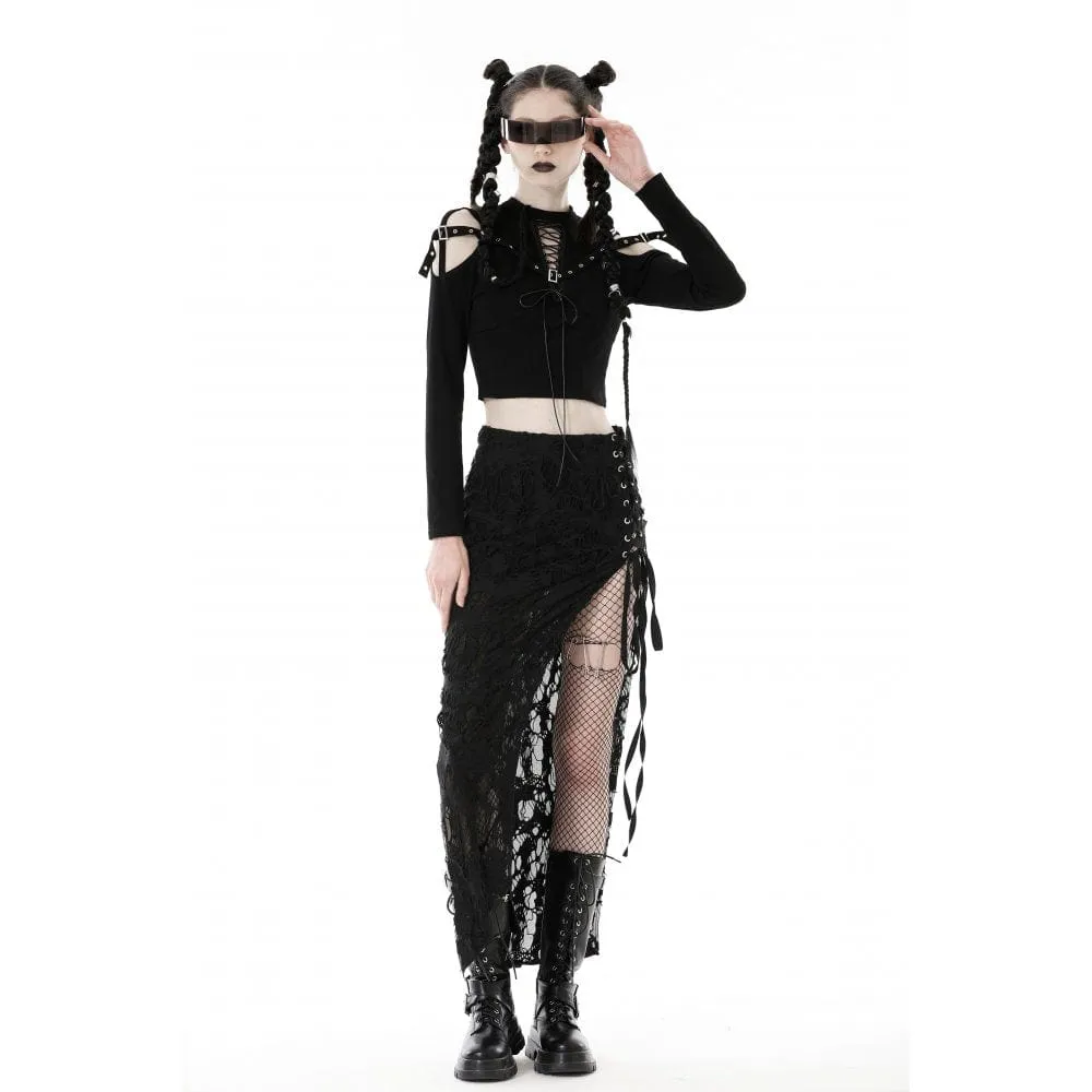 Women's Punk Off Shoulder Eyelet Strap Crop Top