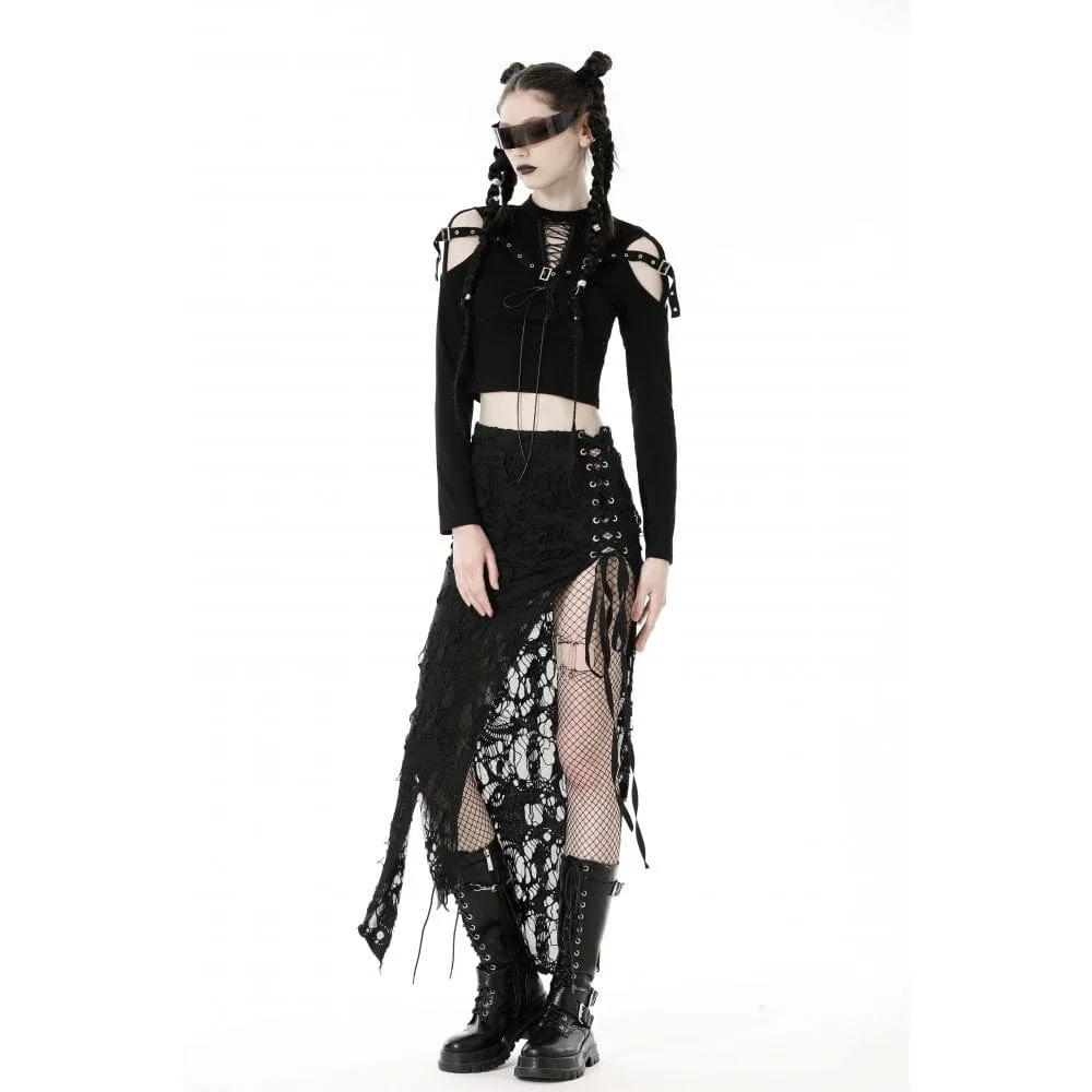 Women's Punk Off Shoulder Eyelet Strap Crop Top