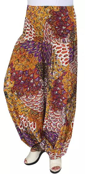 Womens Smocked Waist Hippie Moss Crepe Harem Pants (Yellow)