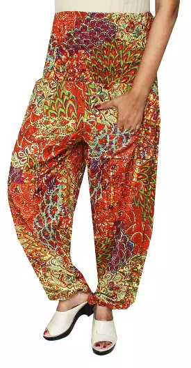 Womens Smocked Waist Hippie Rayon Harem Pants (Orange)