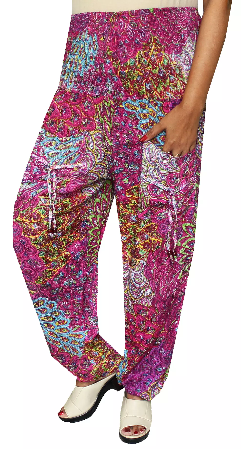 Womens Smocked Waist Hippie Rayon Harem Pants (Pink)