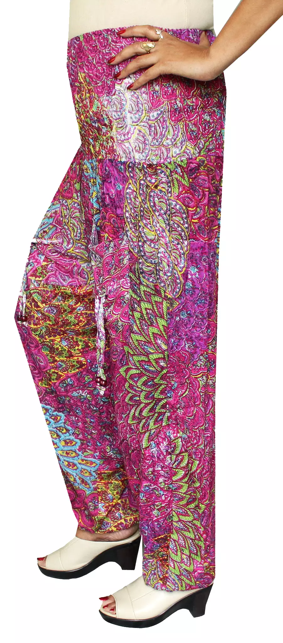 Womens Smocked Waist Hippie Rayon Harem Pants (Pink)