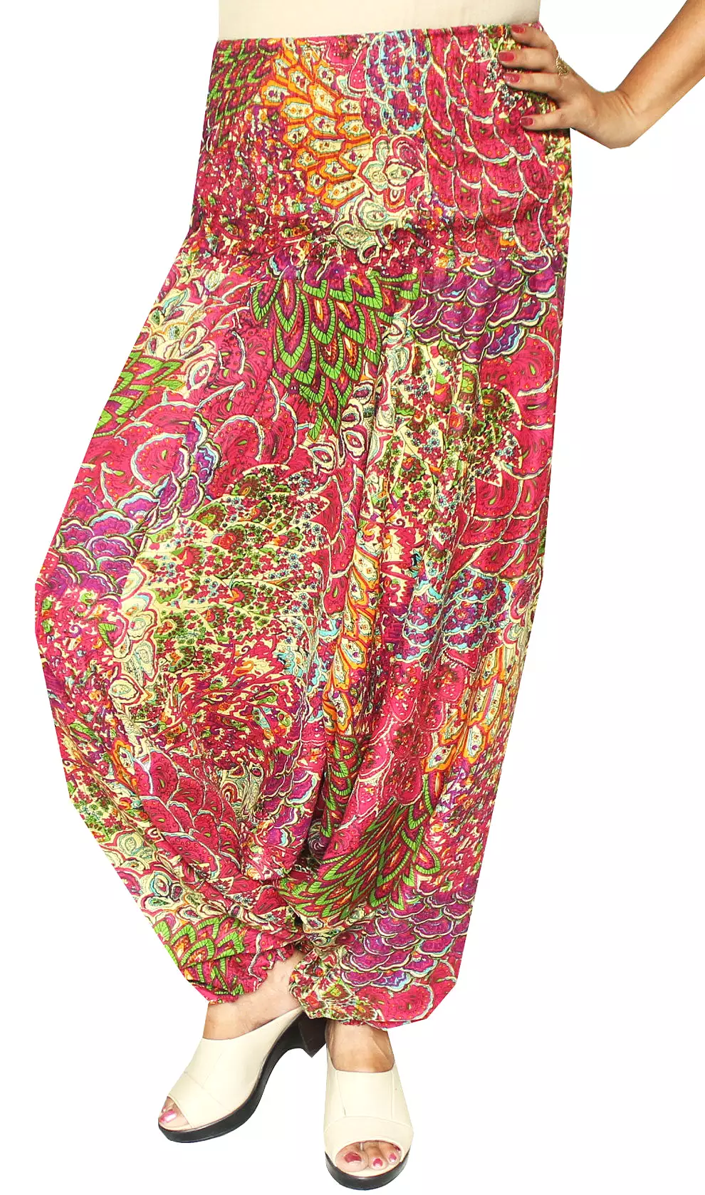 Womens Smocked Waist Hippie Rayon Harem Pants (Pink)