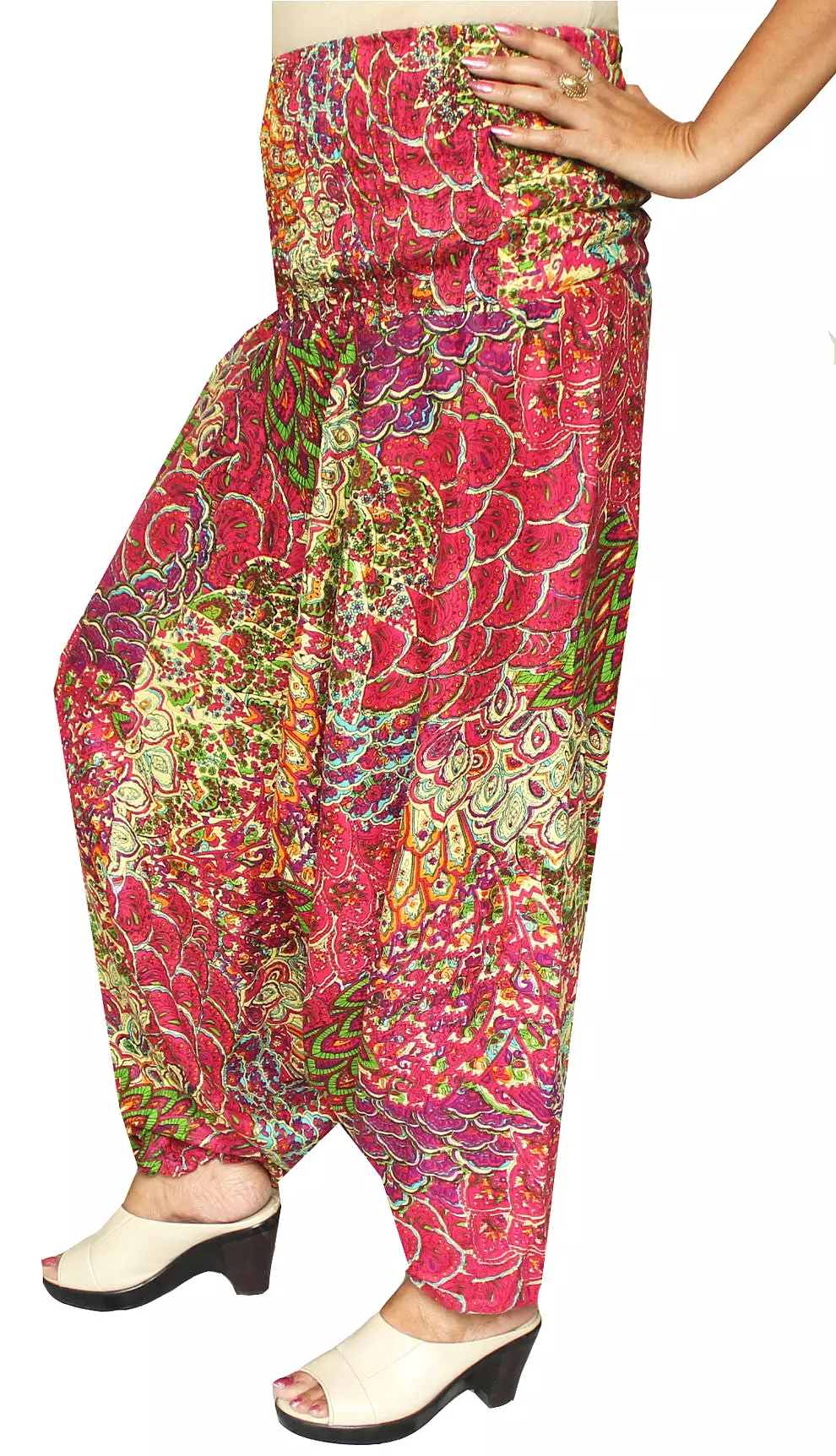 Womens Smocked Waist Hippie Rayon Harem Pants (Pink)