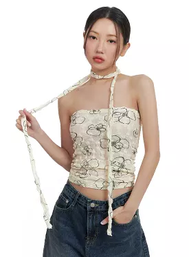 Wrinkled Floral Tube Top with Scarf CA415