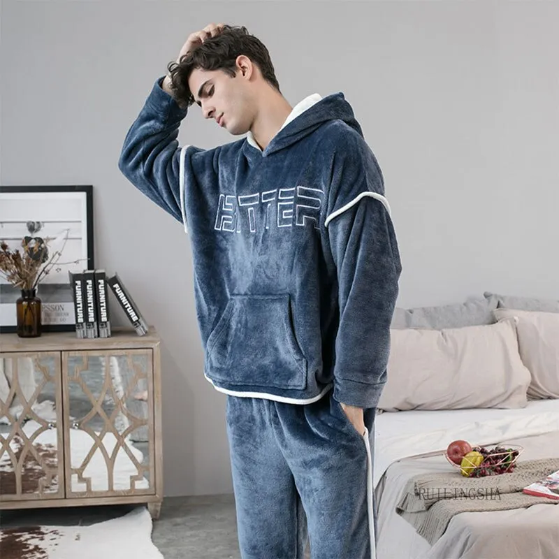 Xituodai 2022 New Hooded Flannel Men's Pajama Pants 2 Pieces/Set Winter Thick Warm Sleepwear For Couples Casual Loose Home Costu