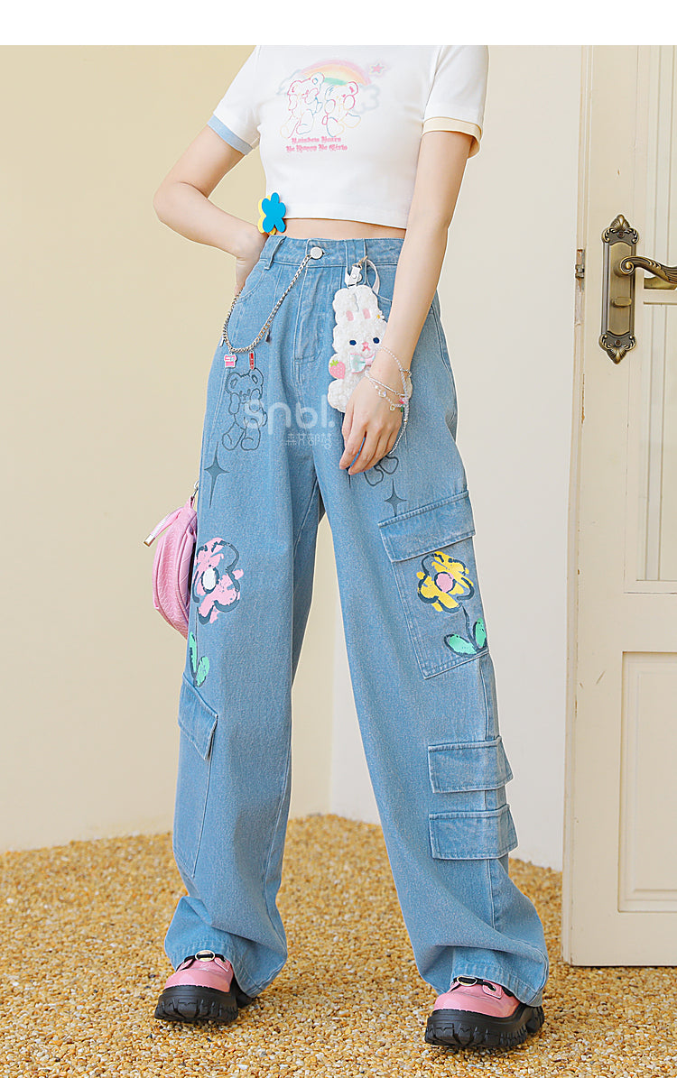 Y2K Style Denim Baggy Blue Bear Pants ON625