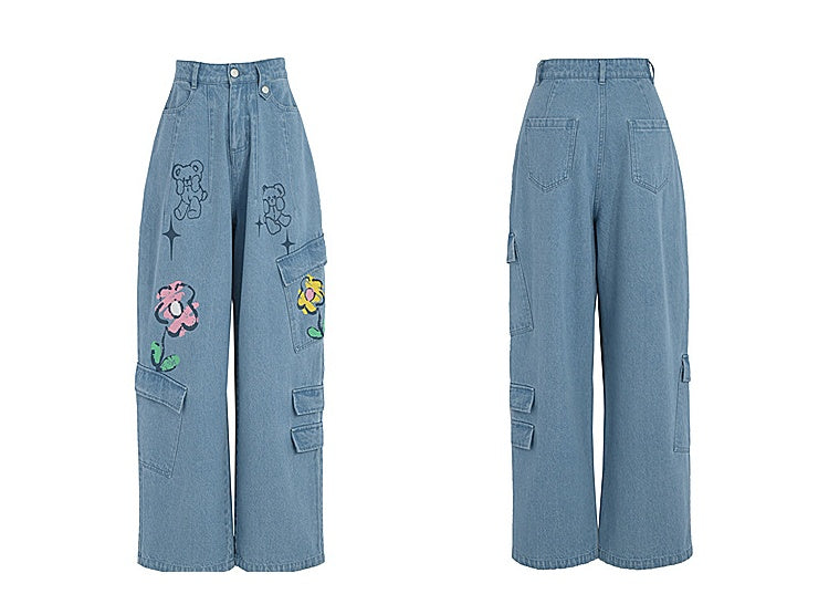 Y2K Style Denim Baggy Blue Bear Pants ON625